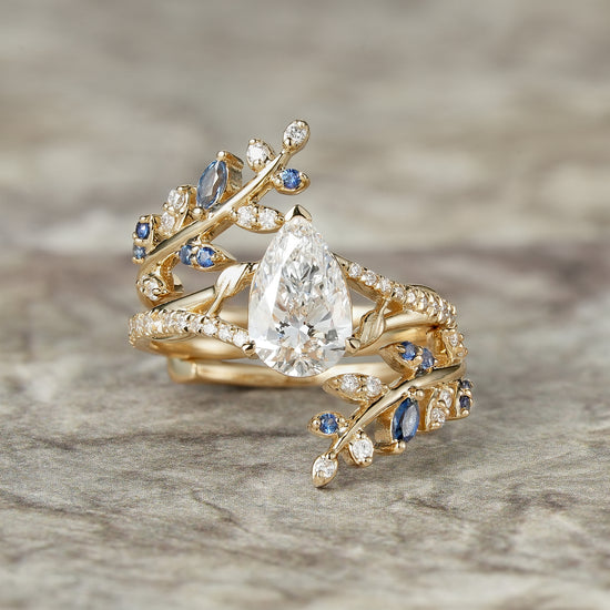 Nature-Inspired Pear Cut Lab Grown Diamond and Sapphire Ring Set - Aurora