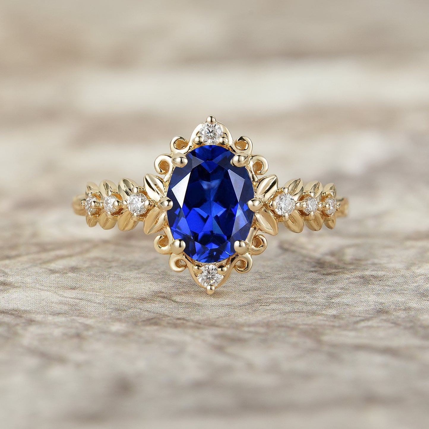 Elegant Royal Blue Sapphire Filigree Leaf Engagement Ring - Odette