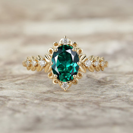 Elegant Emerald Filigree Leaf Engagement Ring - Odette