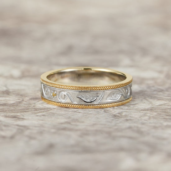 Two-Tone Scroll Design Yellow Sapphire Wedding Band - Miles