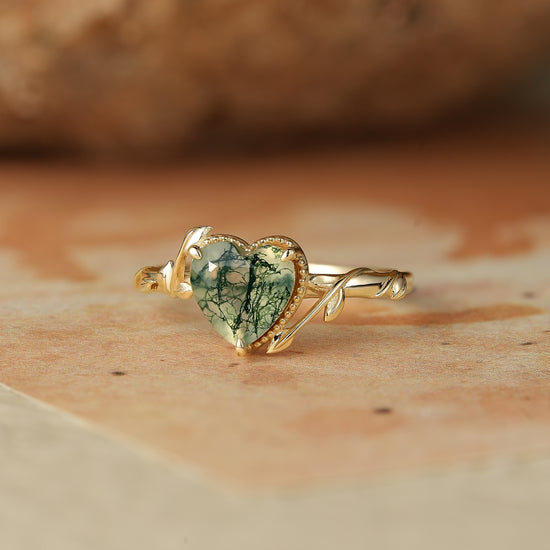 GemsMagic Heart Moss Agate Natural Inspired Leaf Engagement Ring - Faith