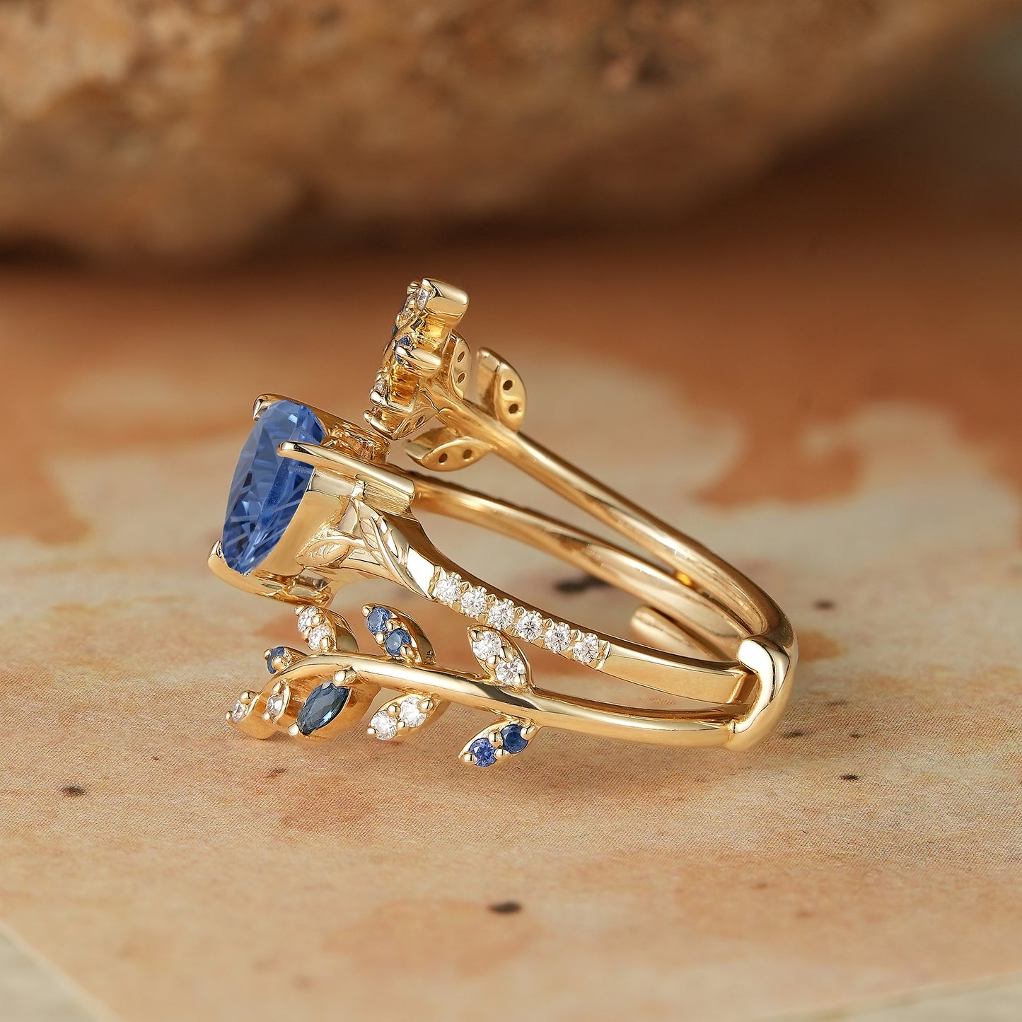 Aphrodite's Enchanted Vine | A Mythical Heart Shaped Starbrite Cut Sapphire Engagement Ring Set