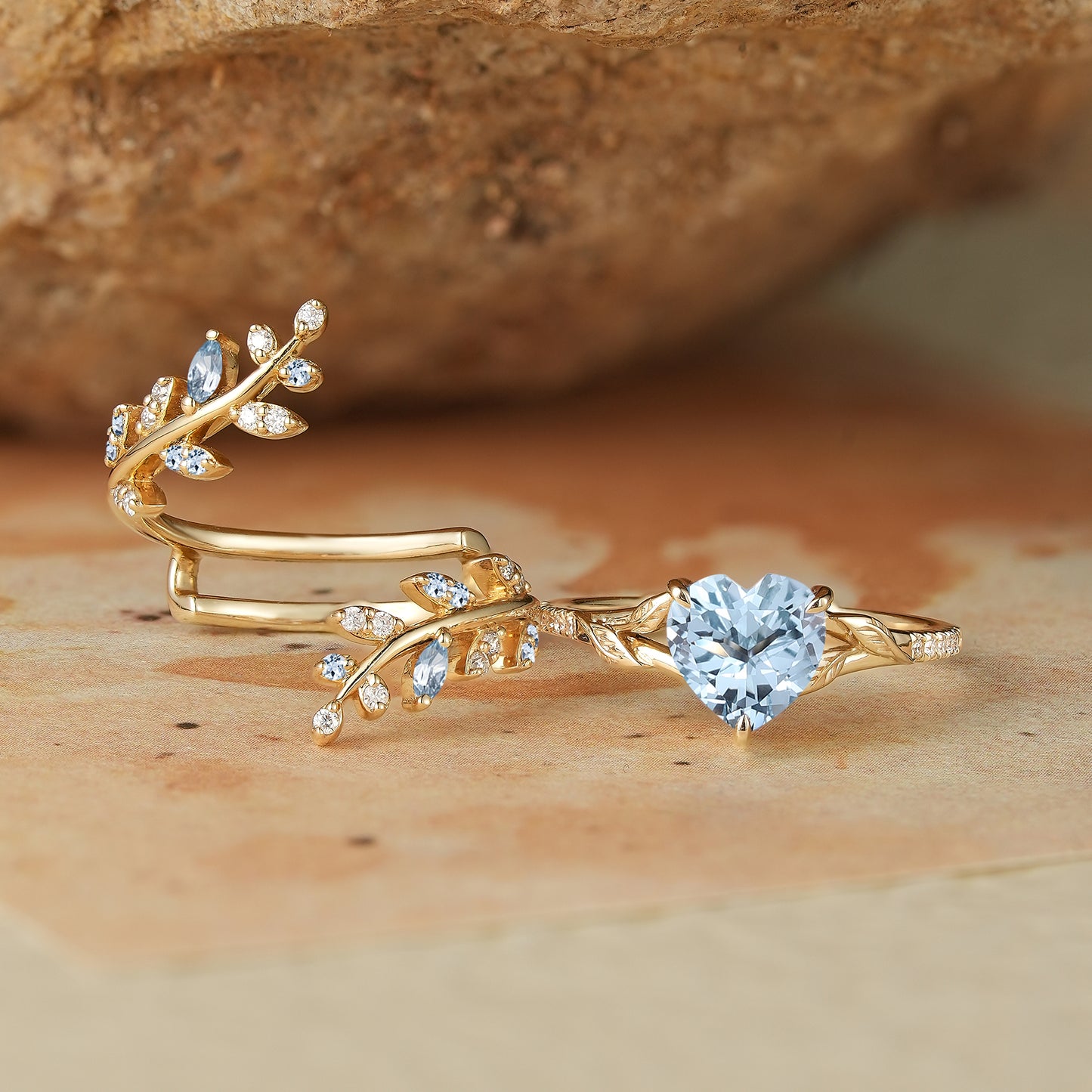 Aphrodite's Enchanted Vine | A Mythical Heart Shaped Aquamarine Engagement Ring Set