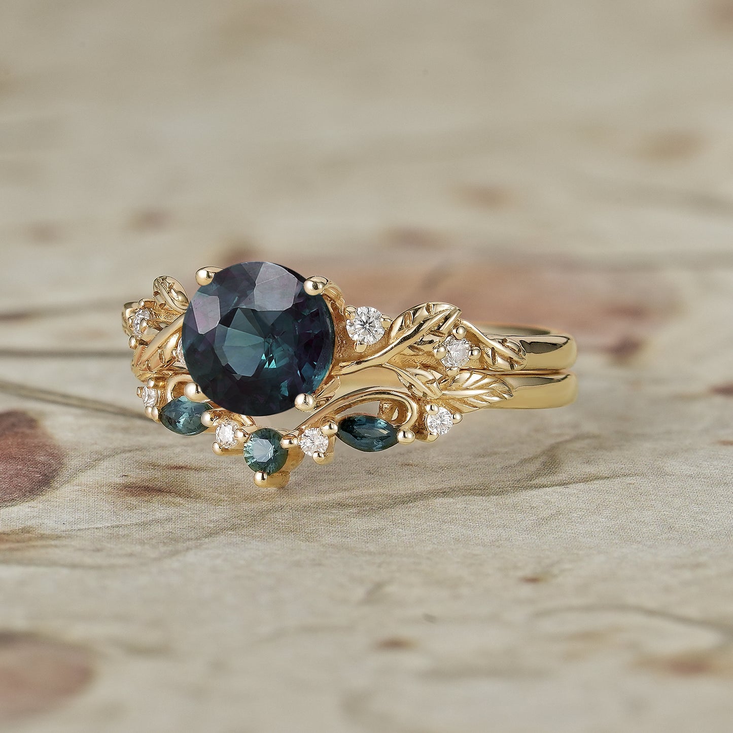 Round Cut Teal Sapphire Ring with Elegant Leaf Motif - Adelaide