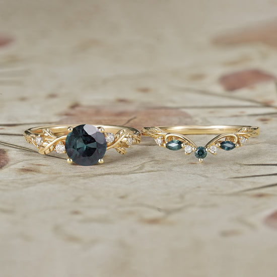 Round Cut Teal Sapphire Ring with Elegant Leaf Motif - Adelaide