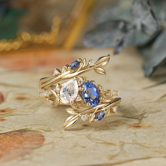 Two - Stone Moissanite and Sapphire Olive Leaf Ring Set - Kyla