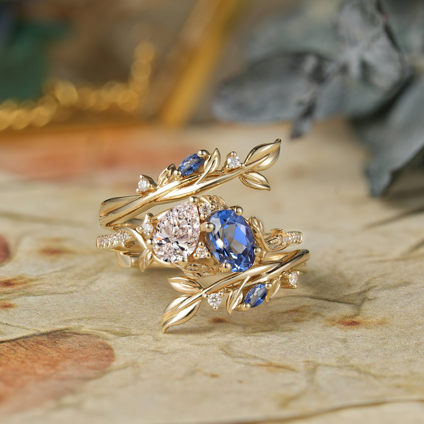 Two - Stone Lab Grown Diamond and Sapphire Olive Leaf Ring Set - Kyla