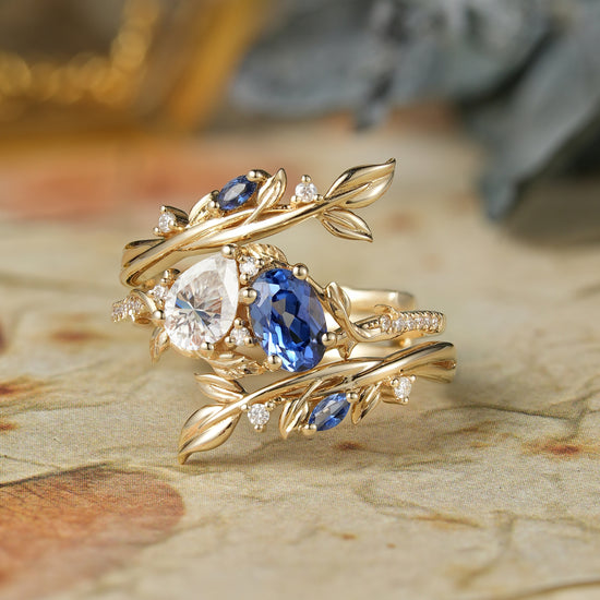 Two - Stone Moissanite and Sapphire Olive Leaf Ring Set - Kyla