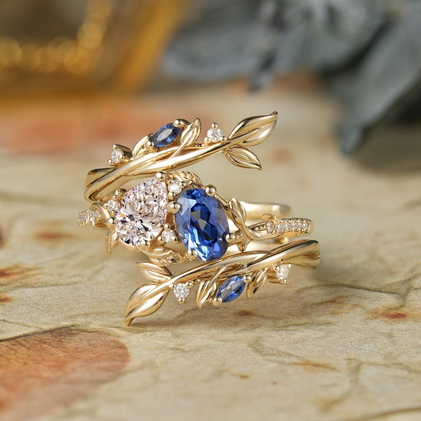 Two - Stone Lab Grown Diamond and Sapphire Olive Leaf Ring Set - Kyla