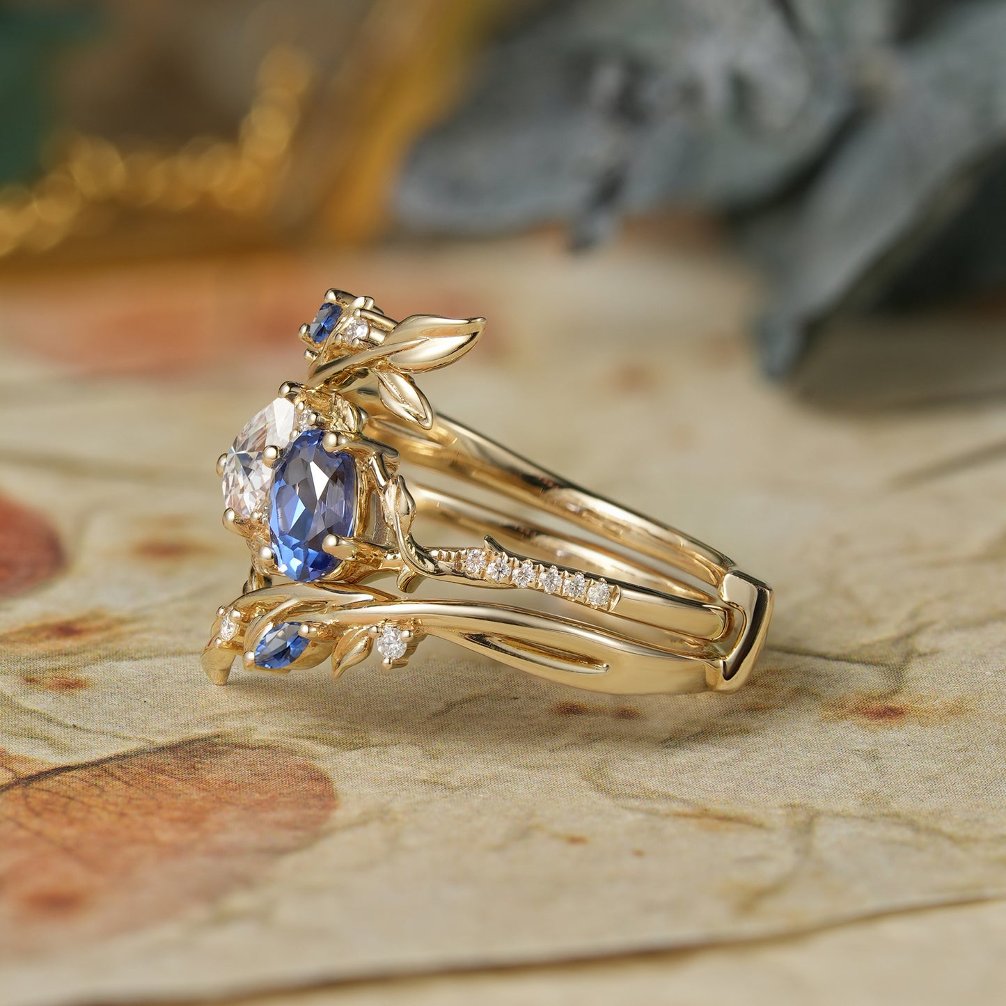 Two - Stone Moissanite and Sapphire Olive Leaf Ring Set - Kyla