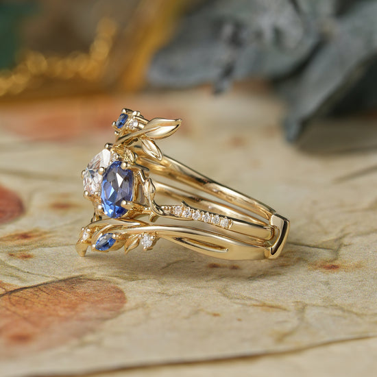 Two - Stone Moissanite and Sapphire Olive Leaf Ring Set - Kyla