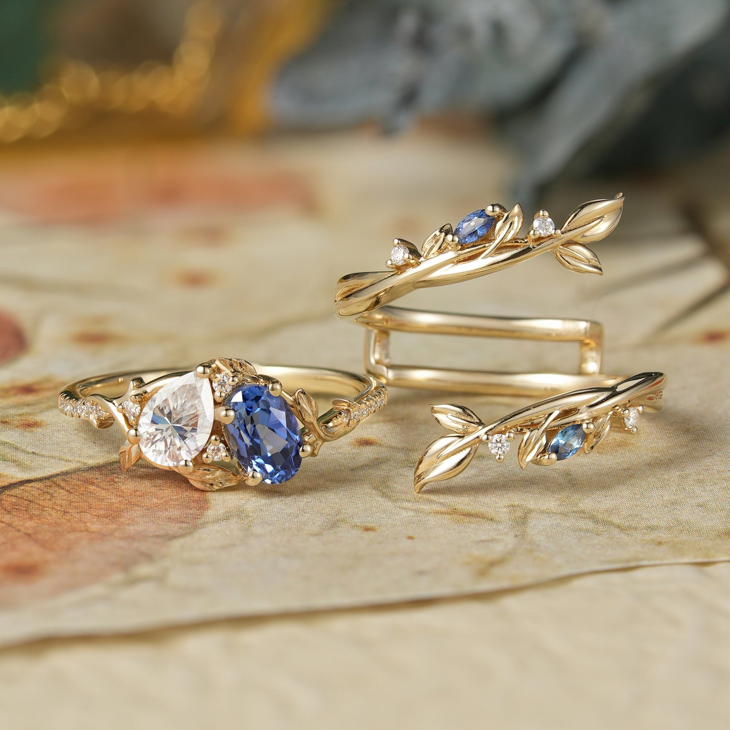 Two - Stone Moissanite and Sapphire Olive Leaf Ring Set - Kyla