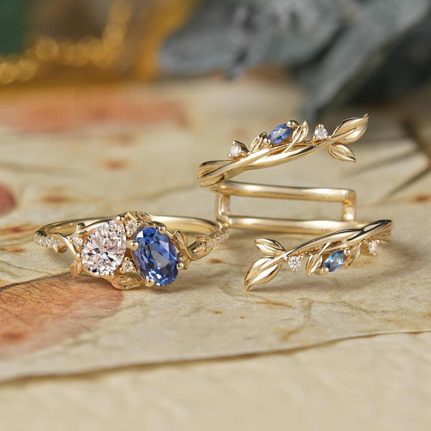 Two - Stone Lab Grown Diamond and Sapphire Olive Leaf Ring Set - Kyla