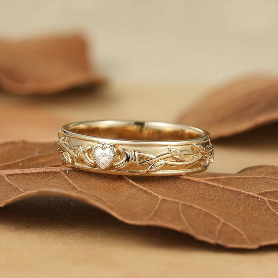 Timeless Romance: Heart-Shaped Moissanite Leaf Band - Caleb