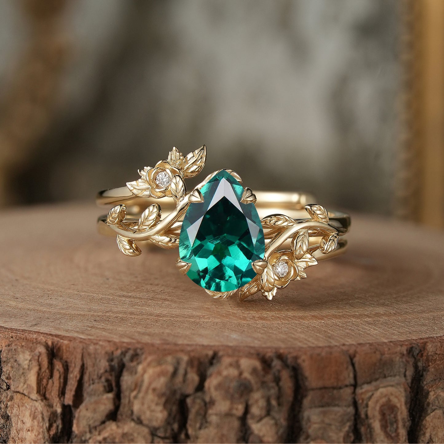 Rose Blossom: Pear-Cut Emerald Leaf Ring Set - Helena