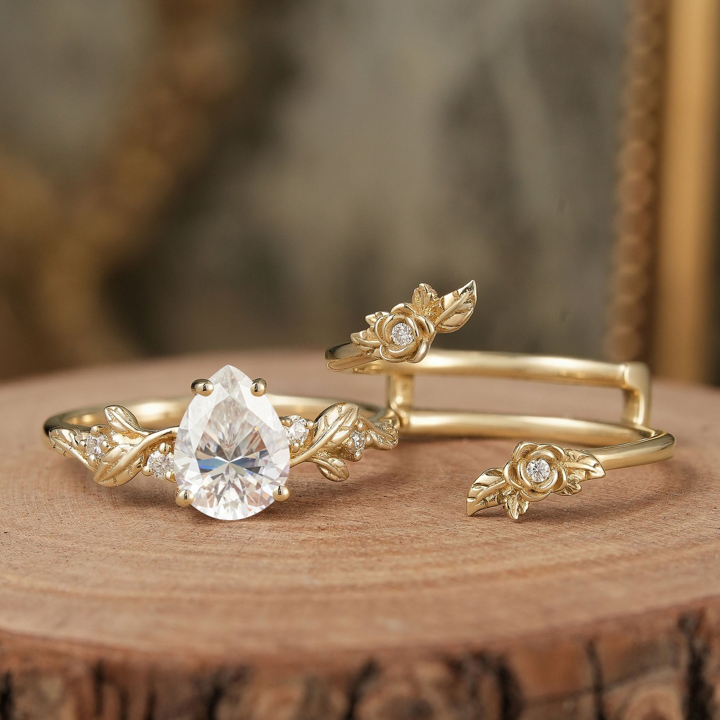 Rose Blossom: Pear-Cut Moissanite Floral Ring Set - Camille