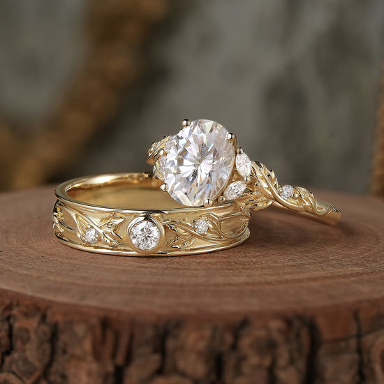 Crossed Leaf Moissanite Couple Ring Set - Eternal Connection