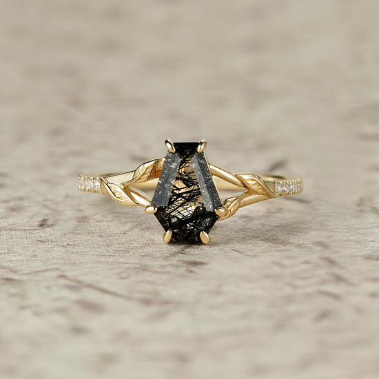 Gothic Leaf Ring: Coffin-Cut Black Rutilated Quartz-Thalassa