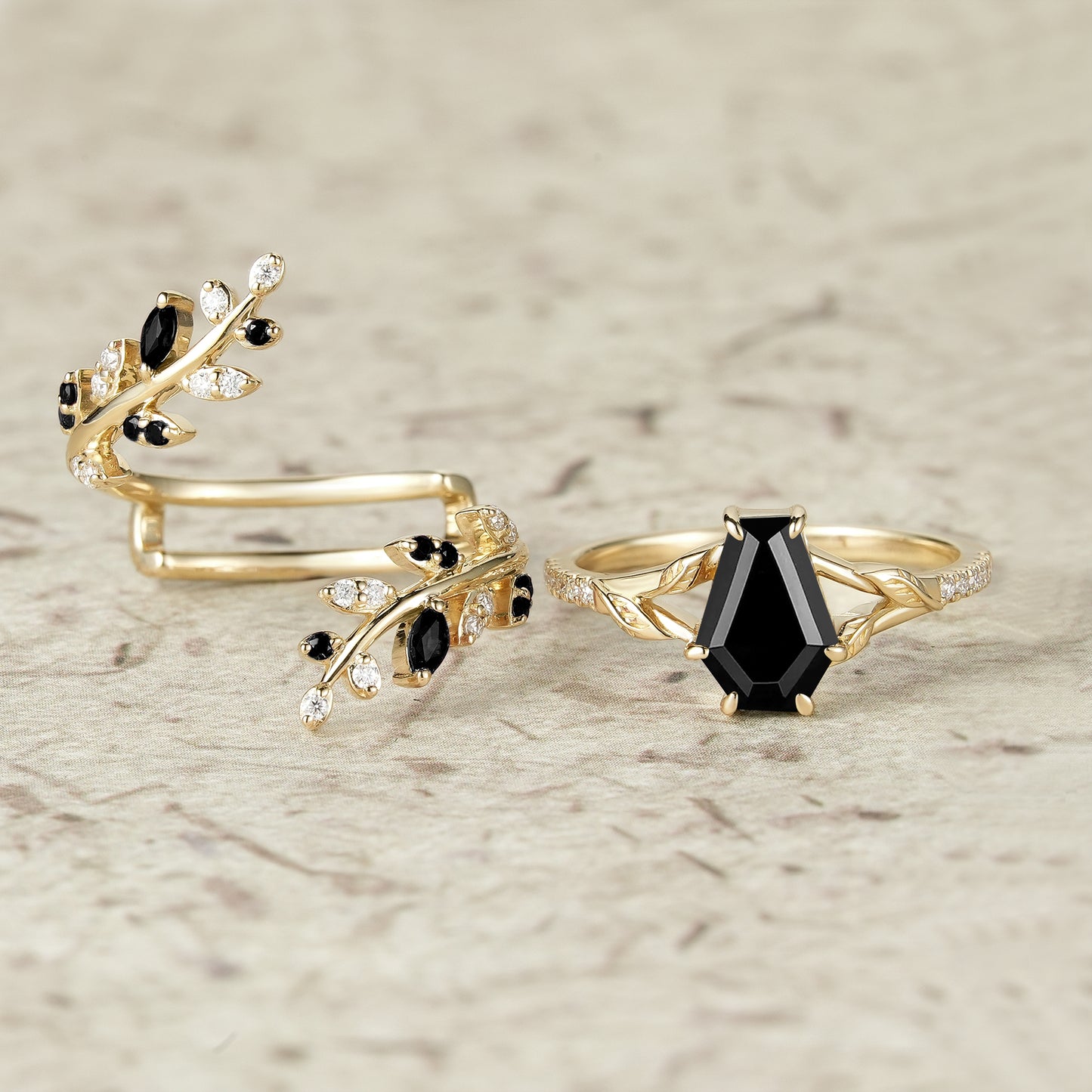 Aphrodite's Enchanted Vine | A Mythical Black Onyx Engagement Ring Set