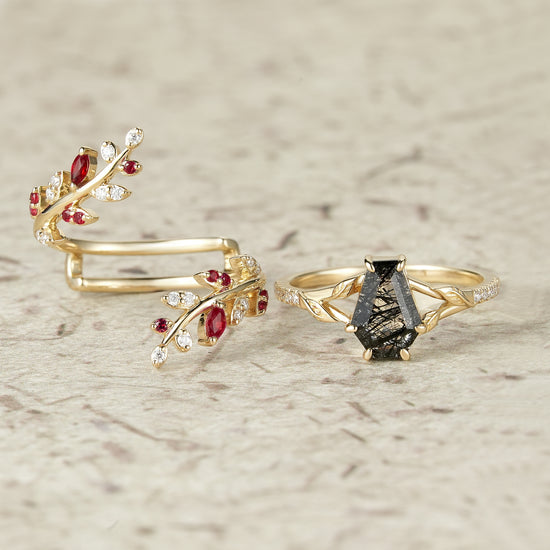 Aphrodite's Enchanted Vine | A Mythical Black Rutilated Quartz Engagement Ring Set