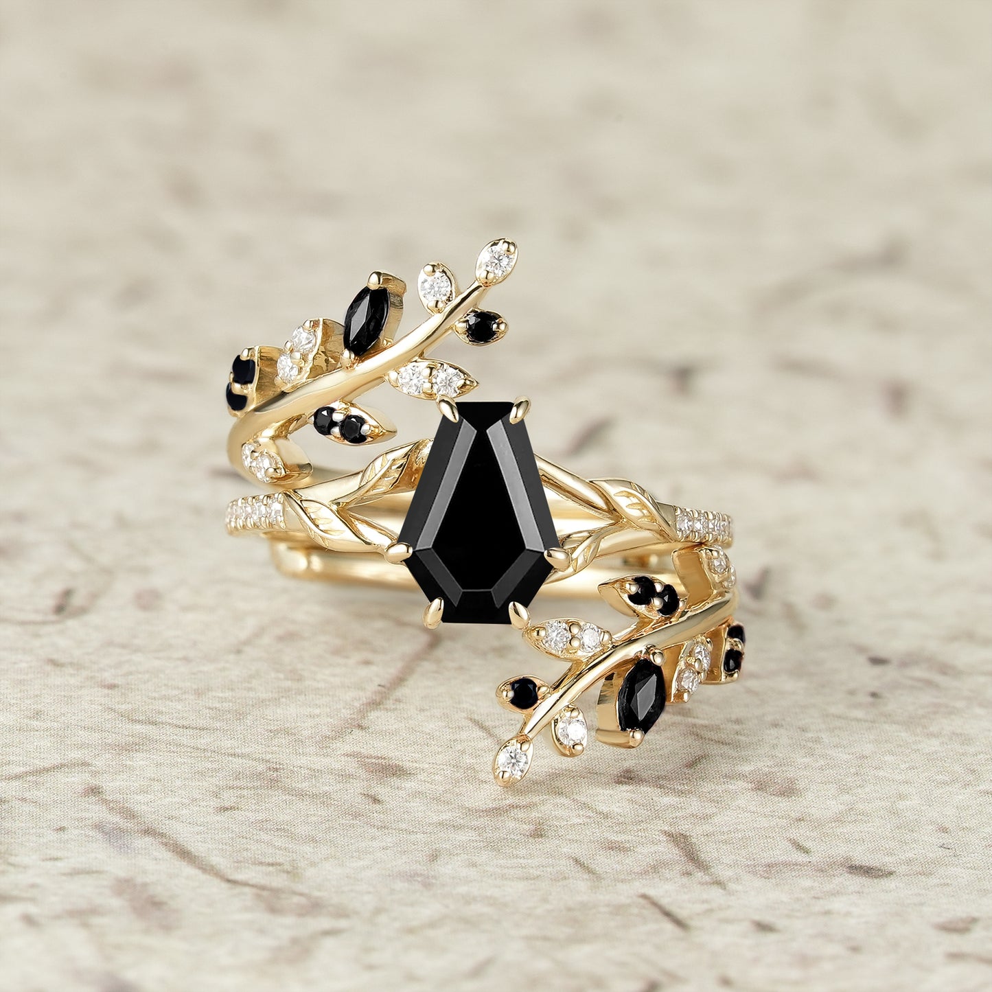 Aphrodite's Enchanted Vine | A Mythical Black Onyx Engagement Ring Set