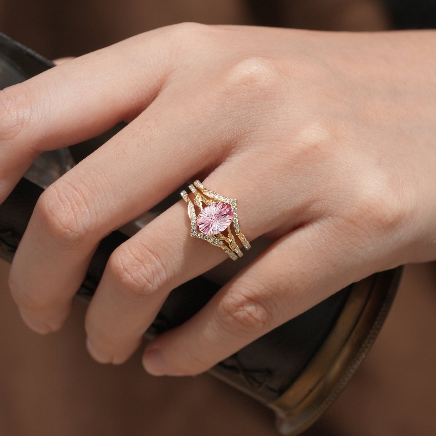 Sparkle - cut Padparadscha Enhancer Ring Set - Tindra - GemsMagic