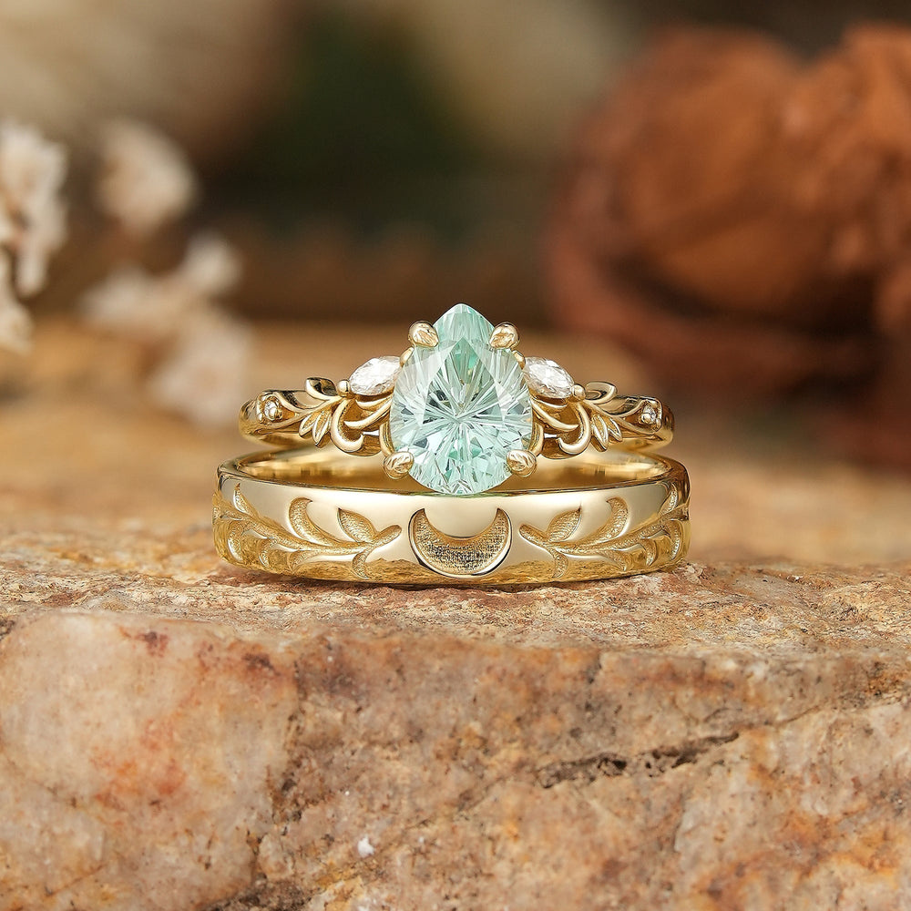 Sparkle Cut Pear Green Sapphire Olive Leaf Inspired And Moon Couple Rings - GemsMagic - GemsMagic