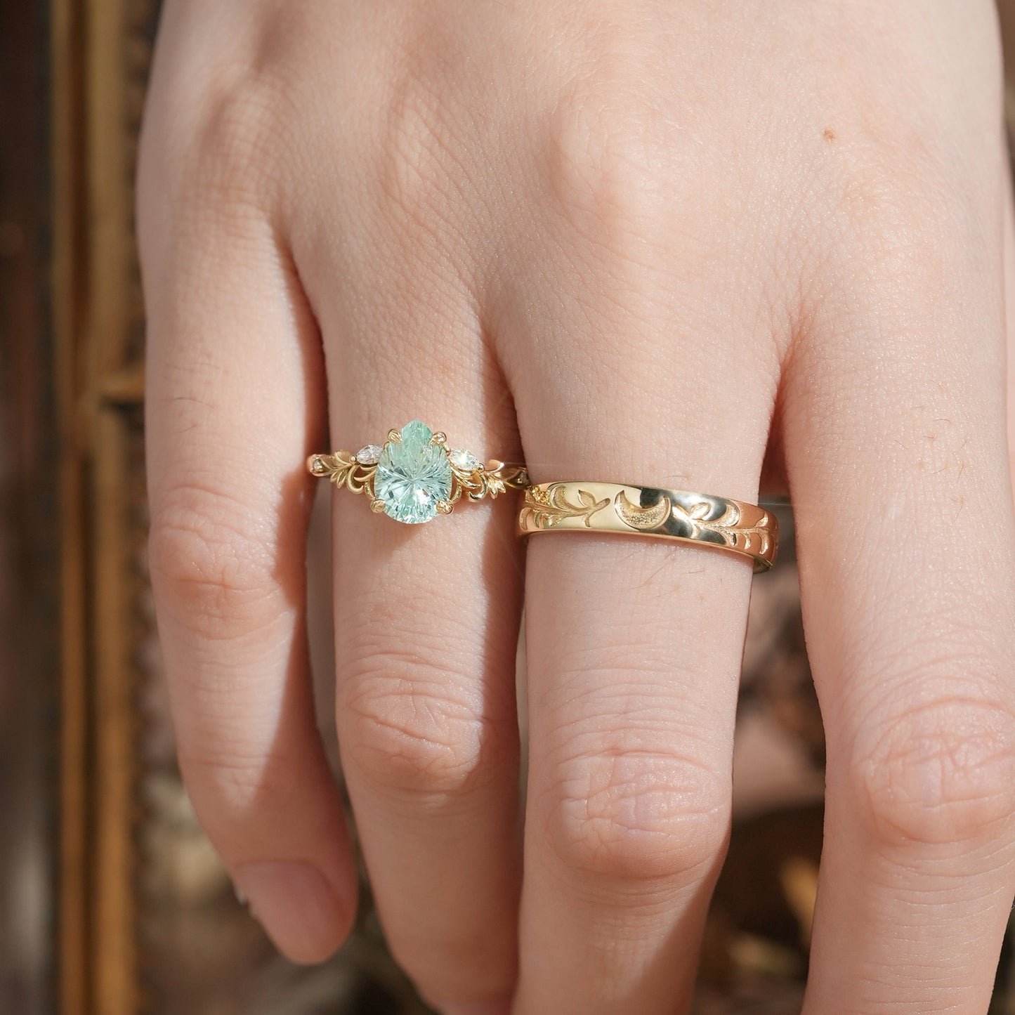 Sparkle Cut Pear Green Sapphire Olive Leaf Inspired And Moon Couple Rings - GemsMagic - GemsMagic
