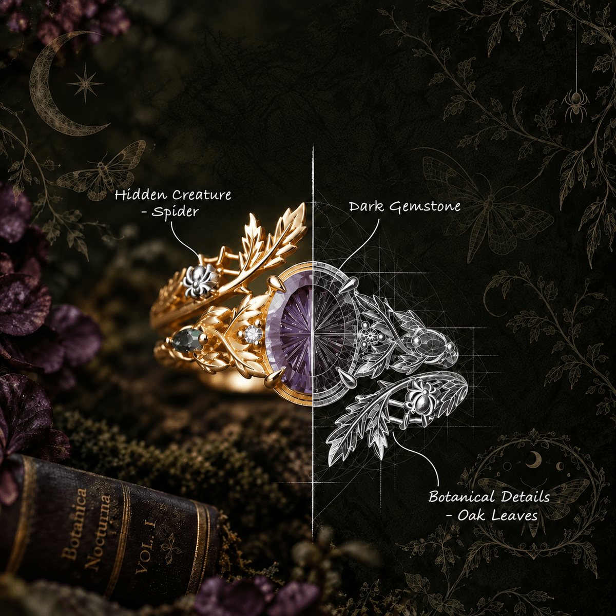 Fantasy Cut Alexandrite Nature Inspired Leaf Bridal Ring Set With Spider Ring Enhancer - Ariadne | GemsMagic