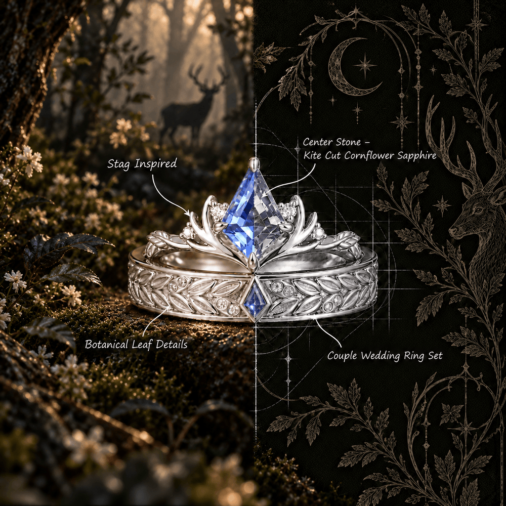 Kite Cut Cornflower Sappire Stag And Leaf Inspired Couple Wedding Ring Set - Aubrey & Andrew