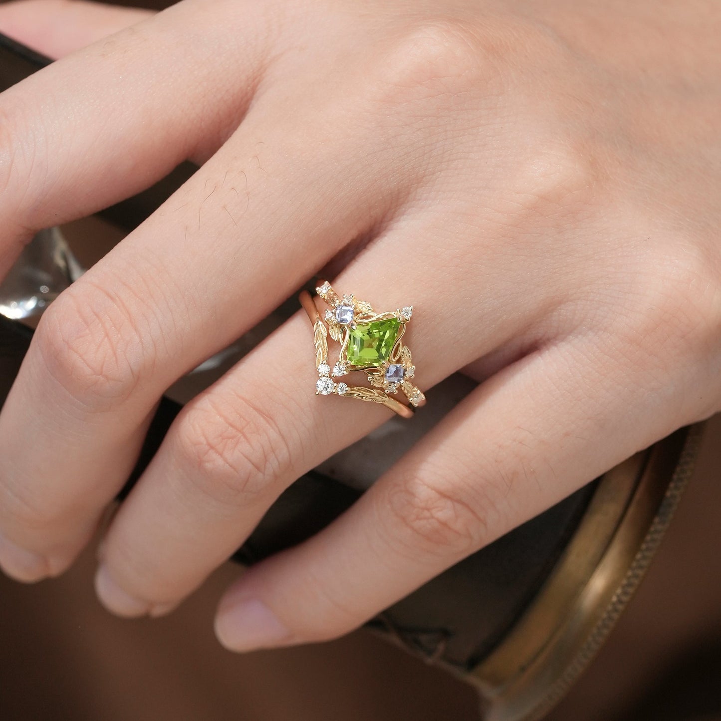 Three - Stone Peridot and Tanzanite Leaf Ring Set - Celestine - GemsMagic