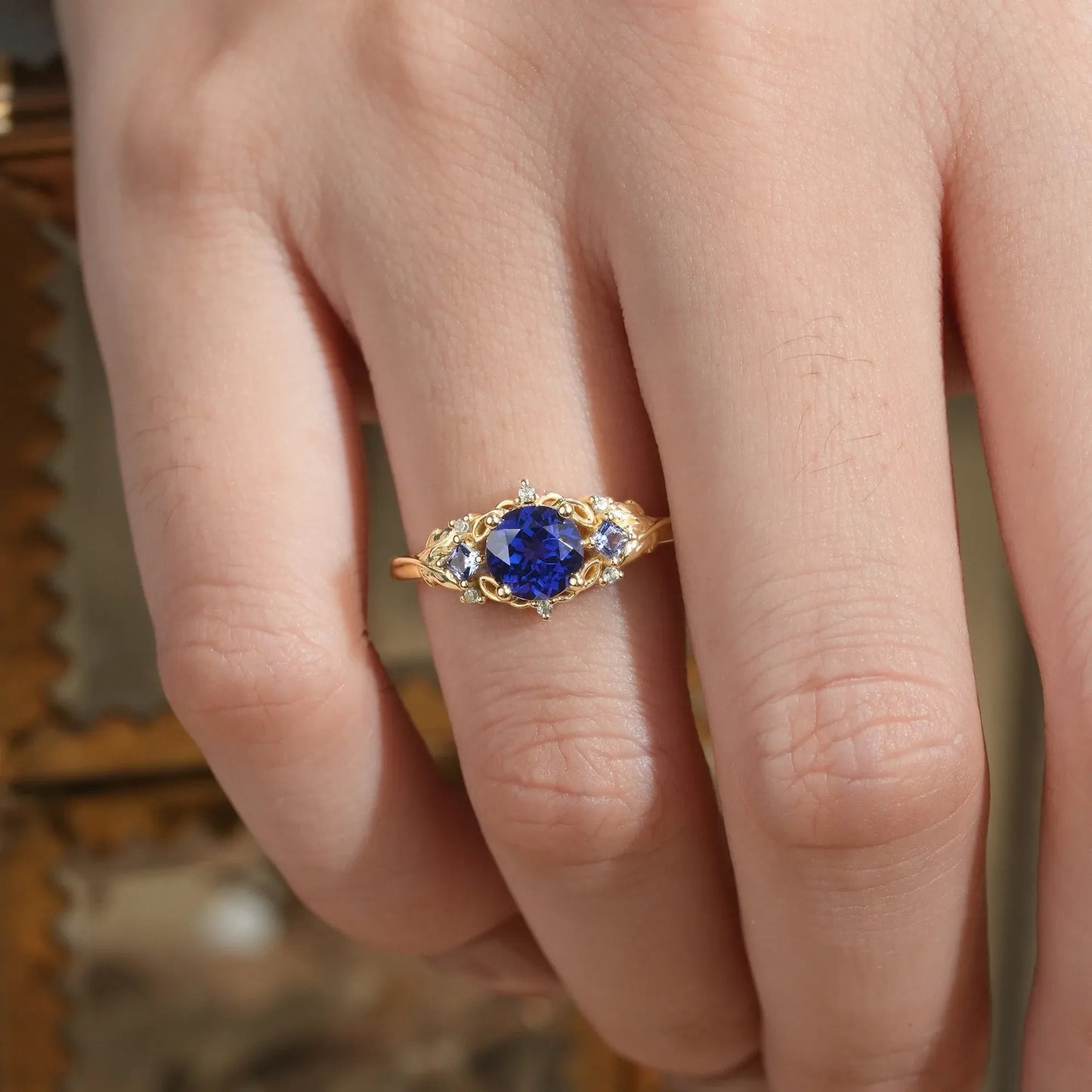 Three Stone Royal Blue Sapphire Engagement Ring - Estelle - GemsMagic