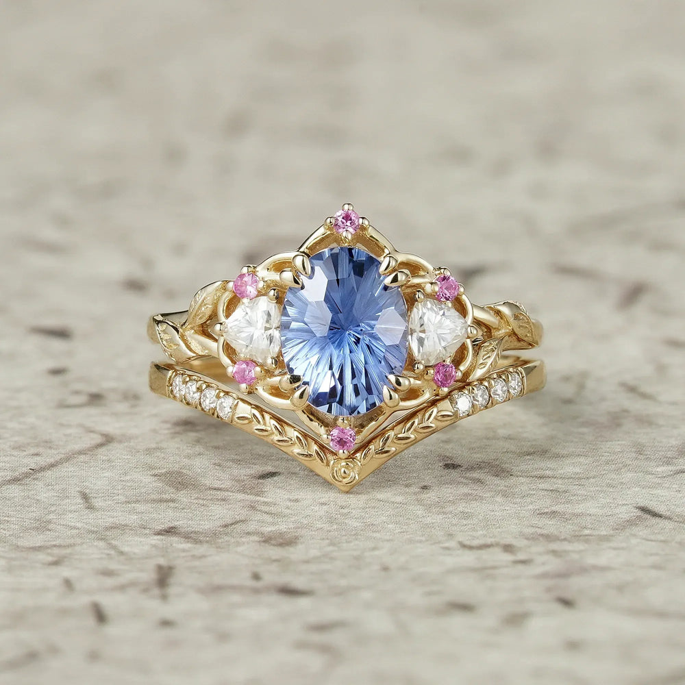 Three-Stone Sparkle Cut Sapphire and Moissanite Vintage Bridal Set - Gemma