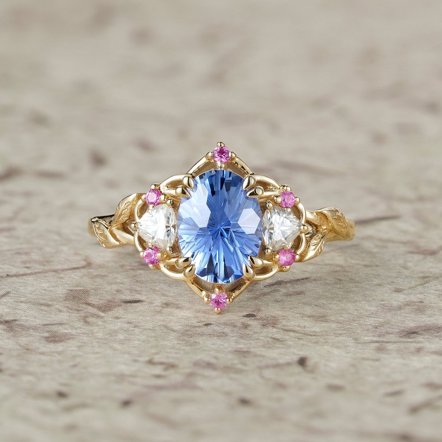 Three - Stone Sparkle Cut Sapphire Engagement Ring - Audrey - GemsMagic