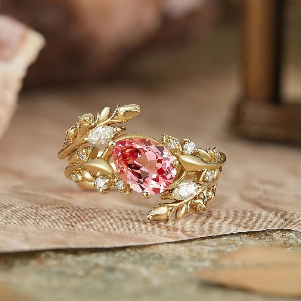 Tilted Pear Cut Pink Padparadscha Flower Inspired Enhancer Bridal Ring Set - Diana | GemsMagic
