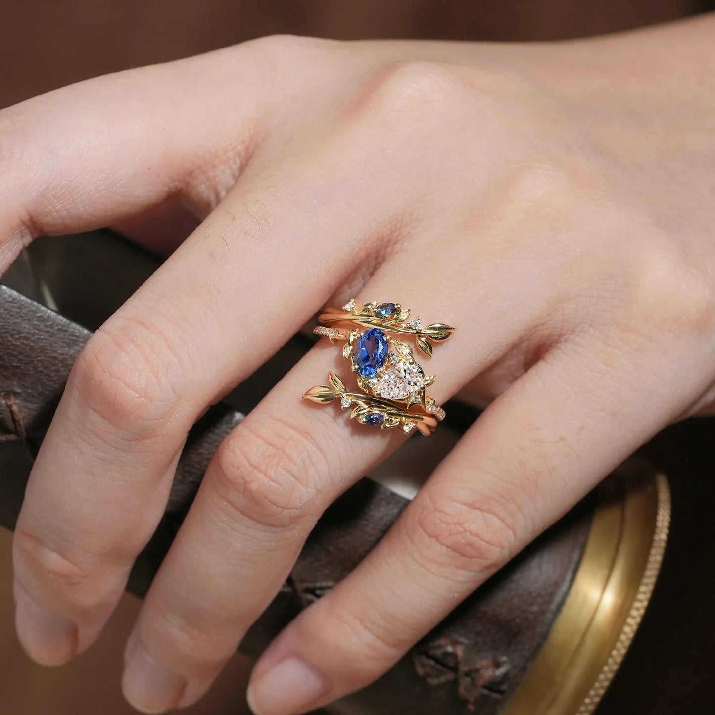 Two - Stone Lab Grown Diamond and Sapphire Olive Leaf Ring Set - Kyla | GemsMagic - GemsMagic