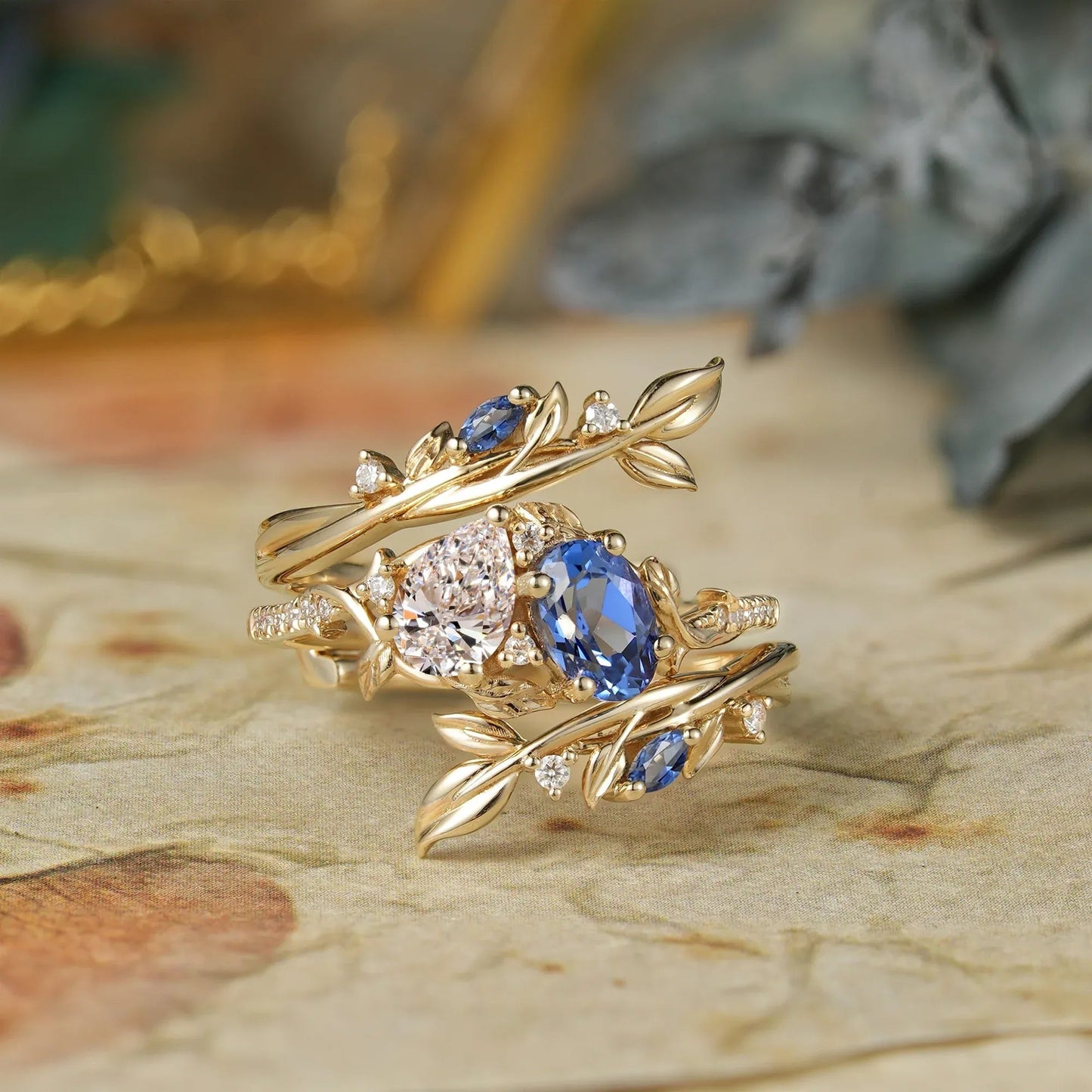 Two - Stone Lab Grown Diamond and Sapphire Olive Leaf Ring Set - Kyla | GemsMagic - GemsMagic