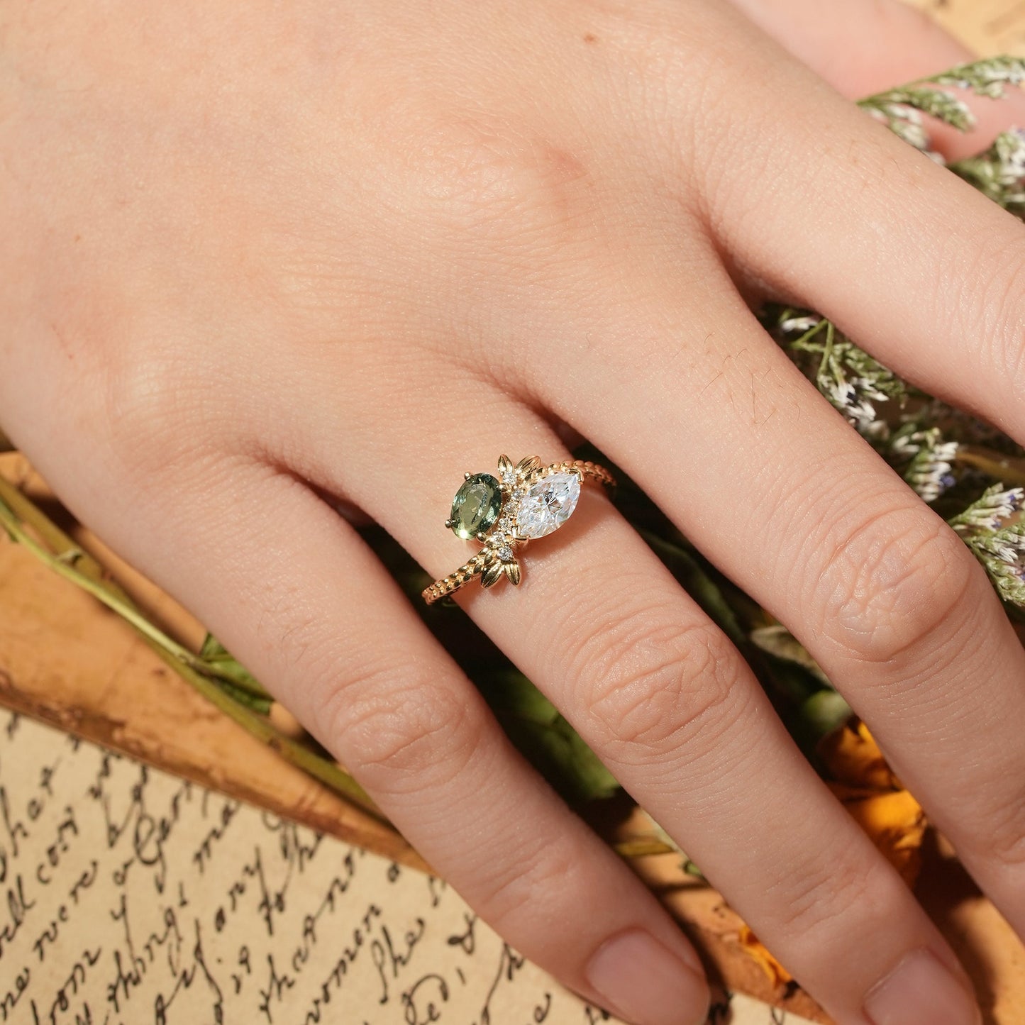 Two - Stone Moissanite and Green Sapphire Engagement Ring - Nana - GemsMagic