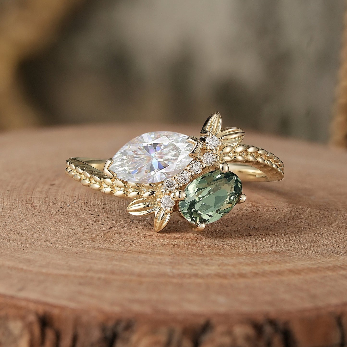 Two - Stone Moissanite and Green Sapphire Engagement Ring - Nana - GemsMagic