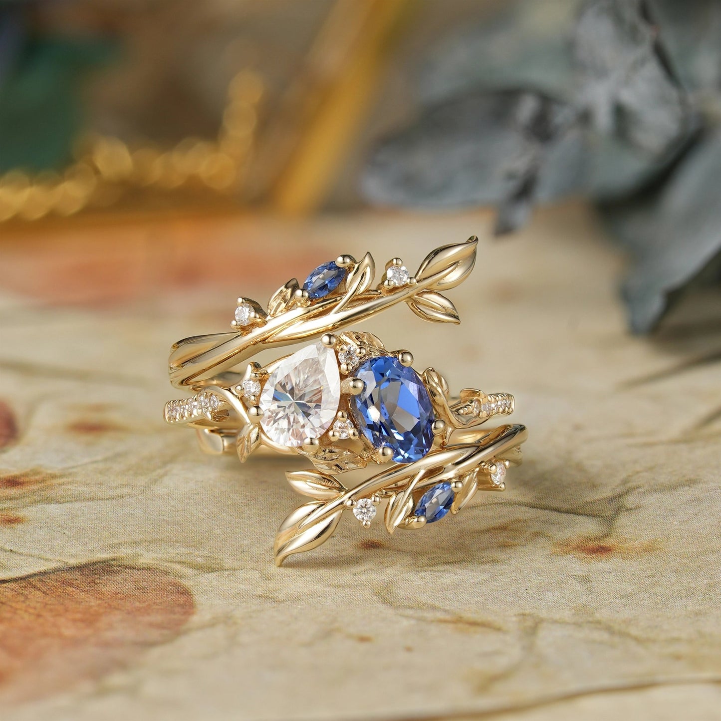 Two - Stone Moissanite and Sapphire Olive Leaf Ring Set - Kyla - GemsMagic