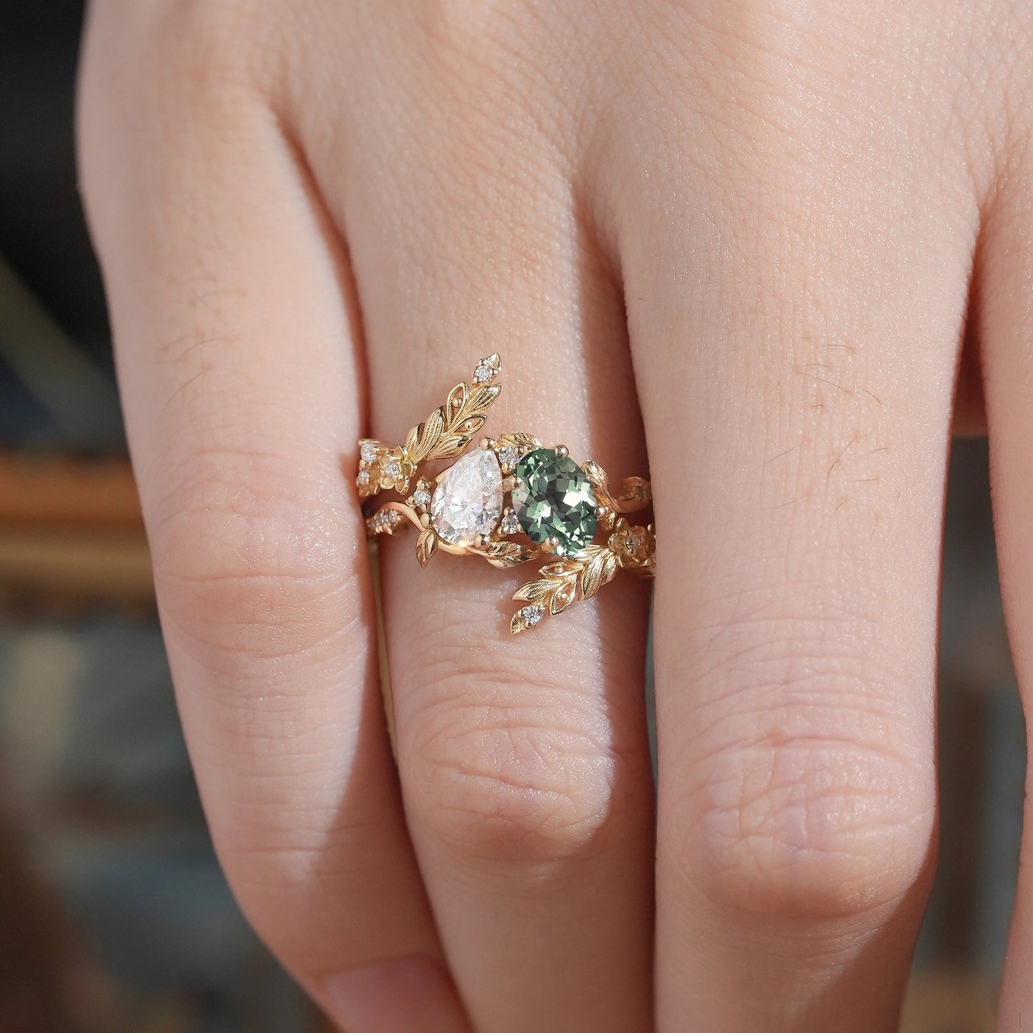 Two - Stone Pear Moissanite and Oval Green Sapphire Toi Et Moi Leaf Bridal Ring Set - GemsMagic - GemsMagic