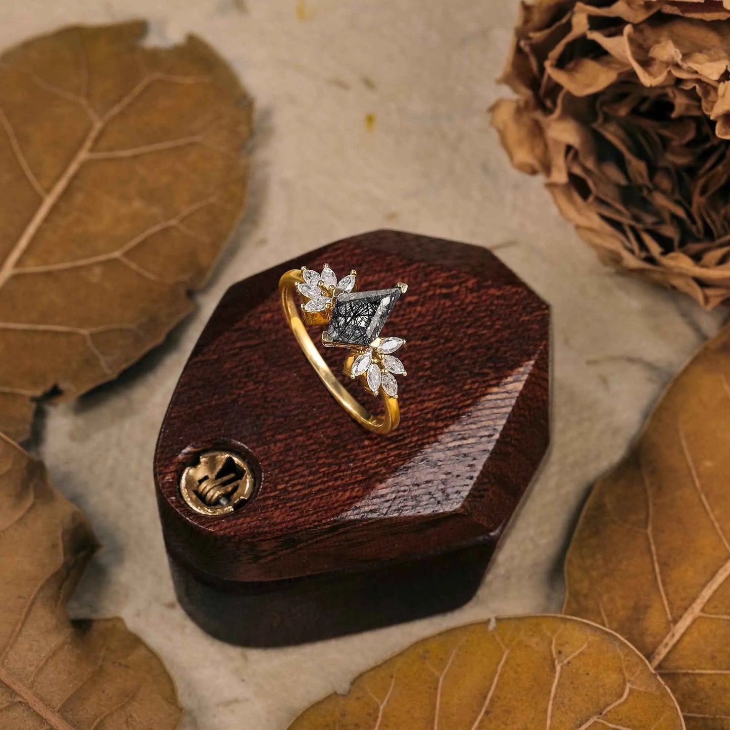 Unique Kite Shaped Black Rutilated Quartz Engagement Ring - GemsMagic - GemsMagic