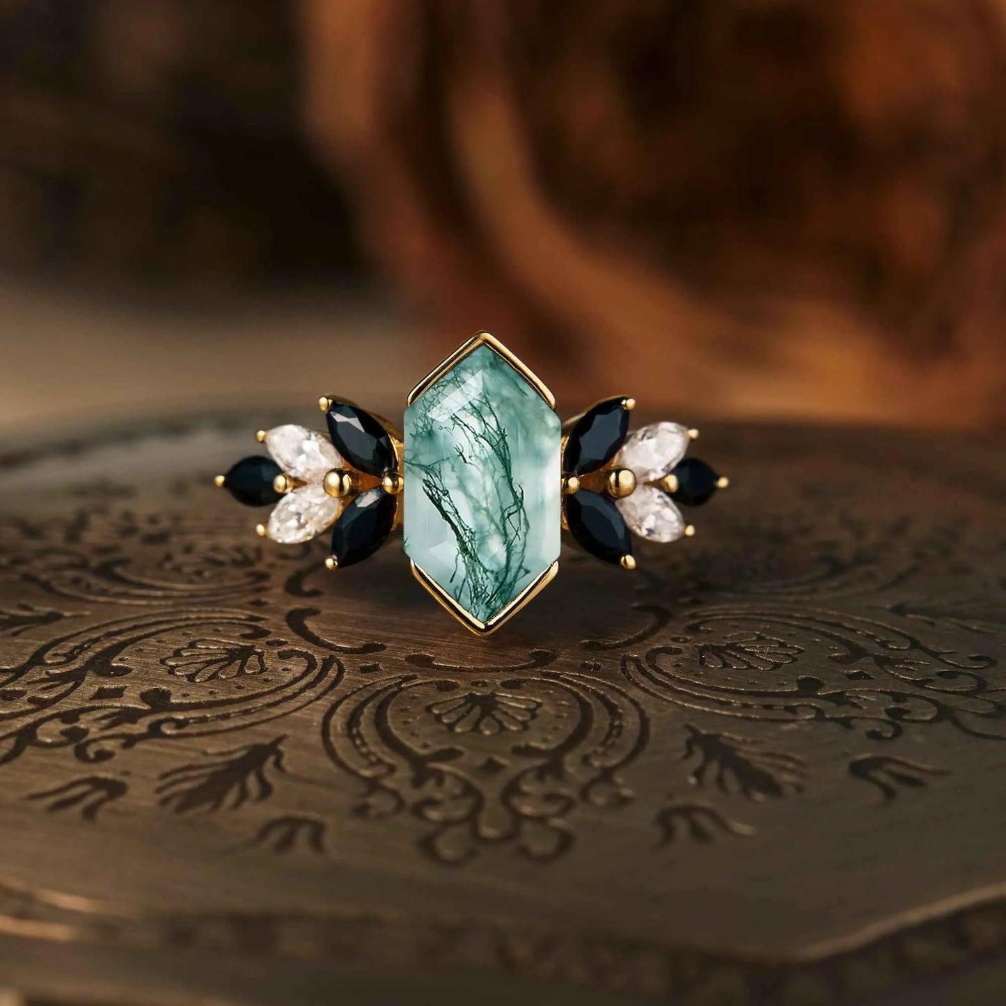Unique Long Hexagon Cut Moss Agate Ring - GemsMagic - GemsMagic
