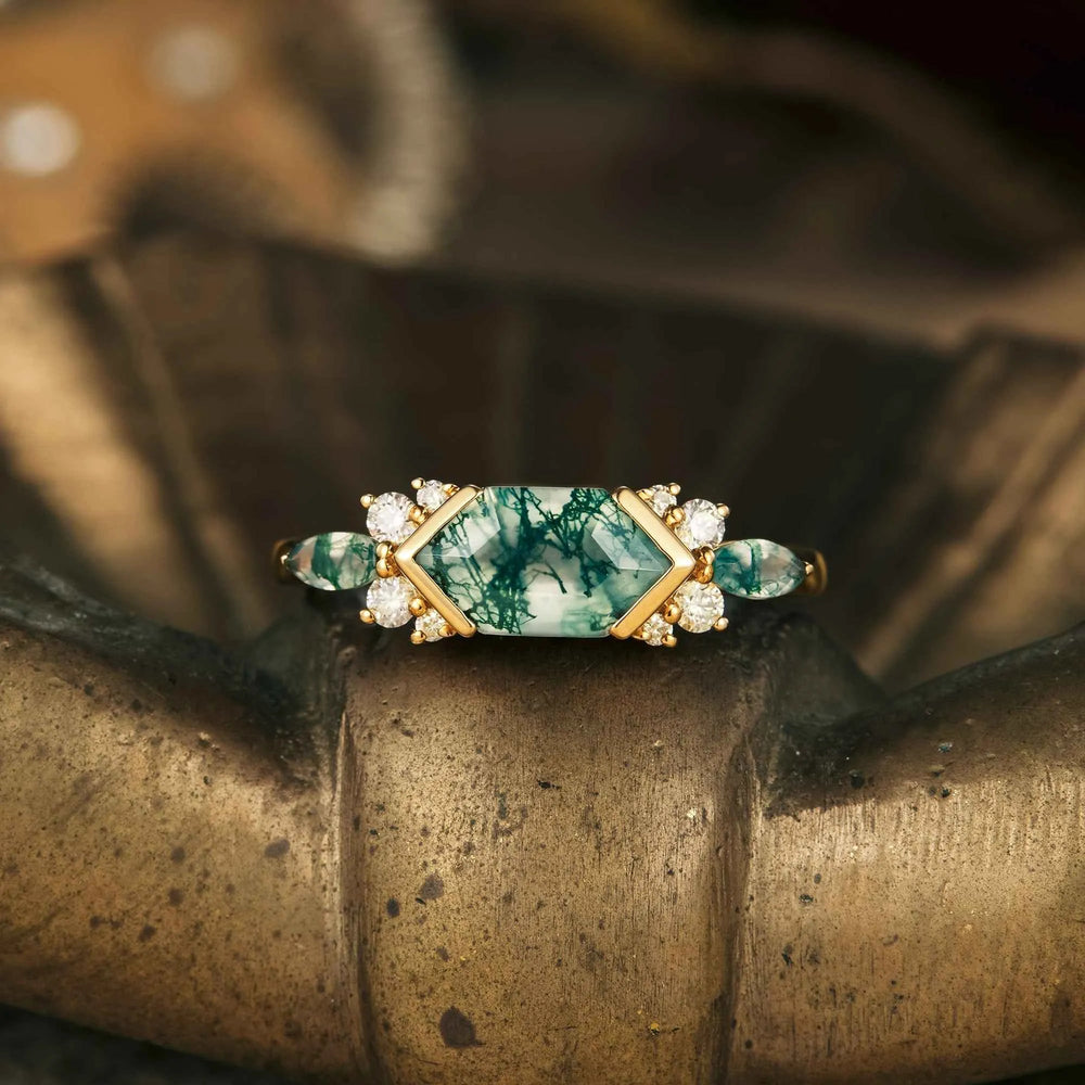 Unique Long Hexagon Moss Agate Engagement Ring - GemsMagic