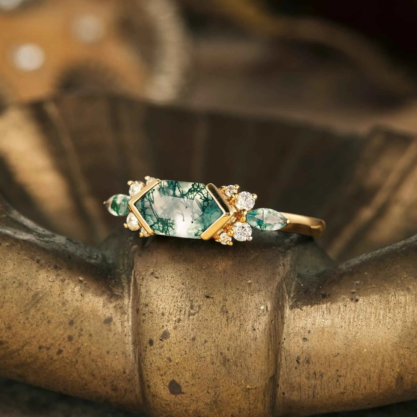 Unique Long Hexagon Moss Agate Engagement Ring - GemsMagic - GemsMagic