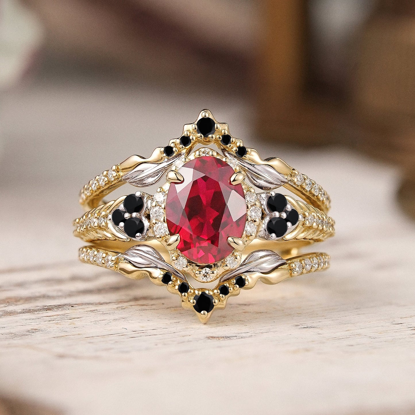 Unique Nature Inspired Oval Cut Lab Ruby Halo Enhancer Bridal Ring Set - GemsMagic