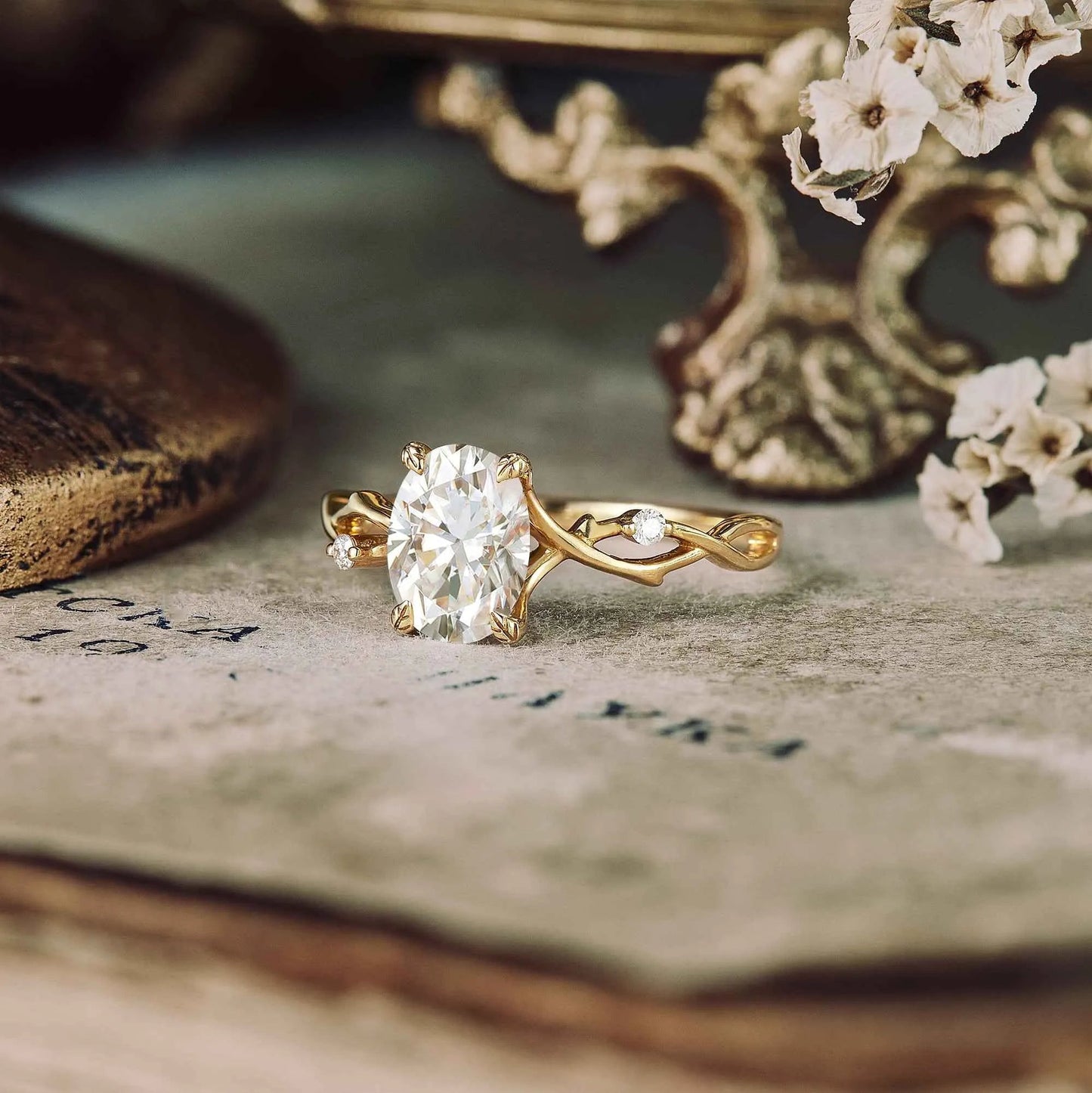 Unique Oval Moissanite Cluster Floral Engagement Ring - GemsMagic - GemsMagic