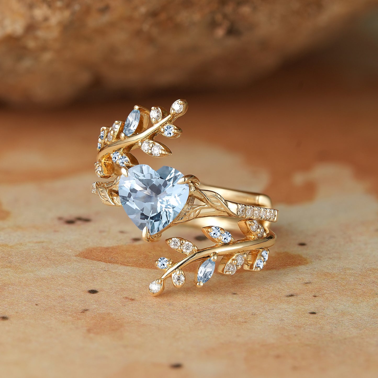 Aphrodite's Enchanted Vine | A Mythical Heart Shaped Aquamarine Engagement Ring Set