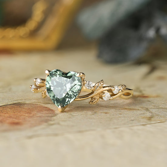 GemsMagic Heart Shaped Green Sapphire Leaf Engagement Ring - Genevieve