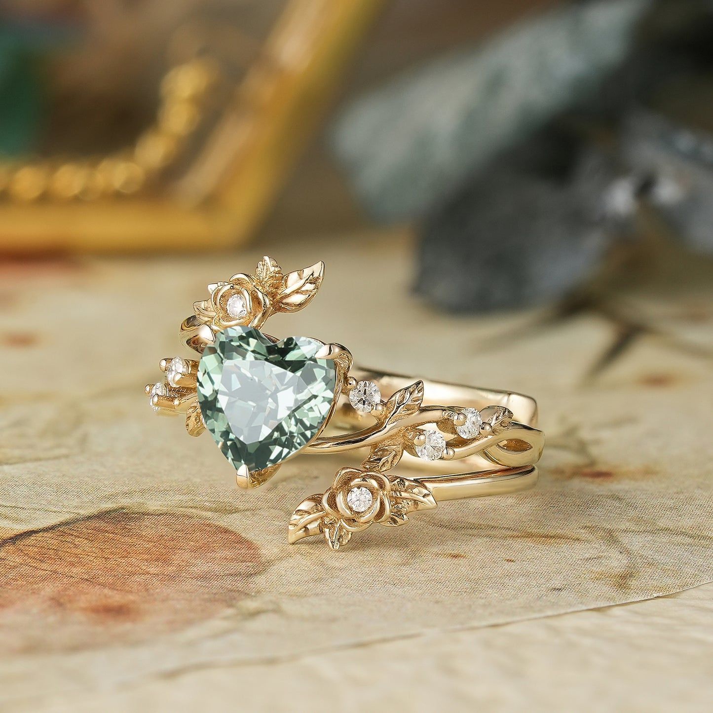 Rose Blossom: Heart Shaped Green Sapphire Leaf Engagement Ring Set | Katherine